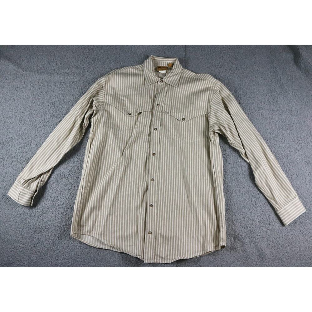 Outback Trading Company Mens Shirt L Cotton Brown White Striped Western Cowboy
